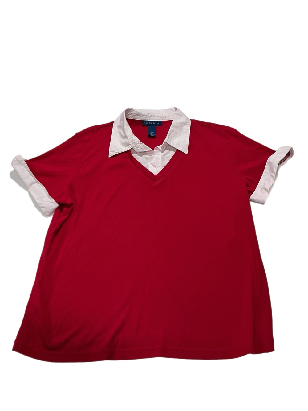Karen Scott Women’s XL Red White Layered V-Neck Collared Top